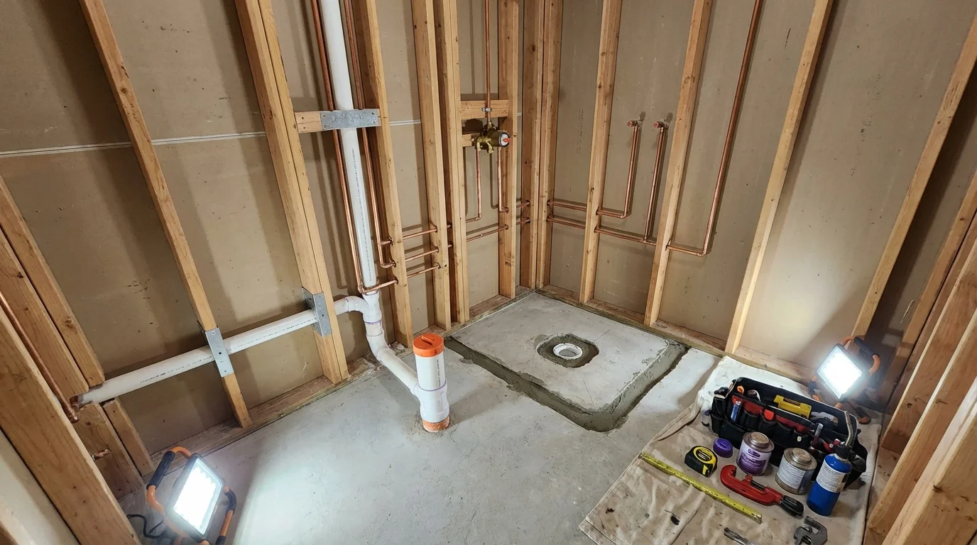 Bathroom rough-in plumbing during remodel by Johns Plumbing LLC in Emmetsburg