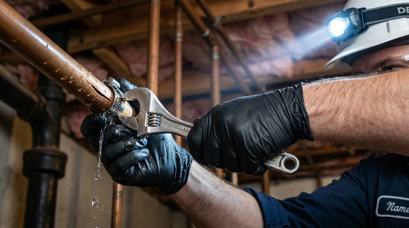 Emergency pipe clamp repair being performed by a Johns Plumbing LLC plumber in Emmetsburg
