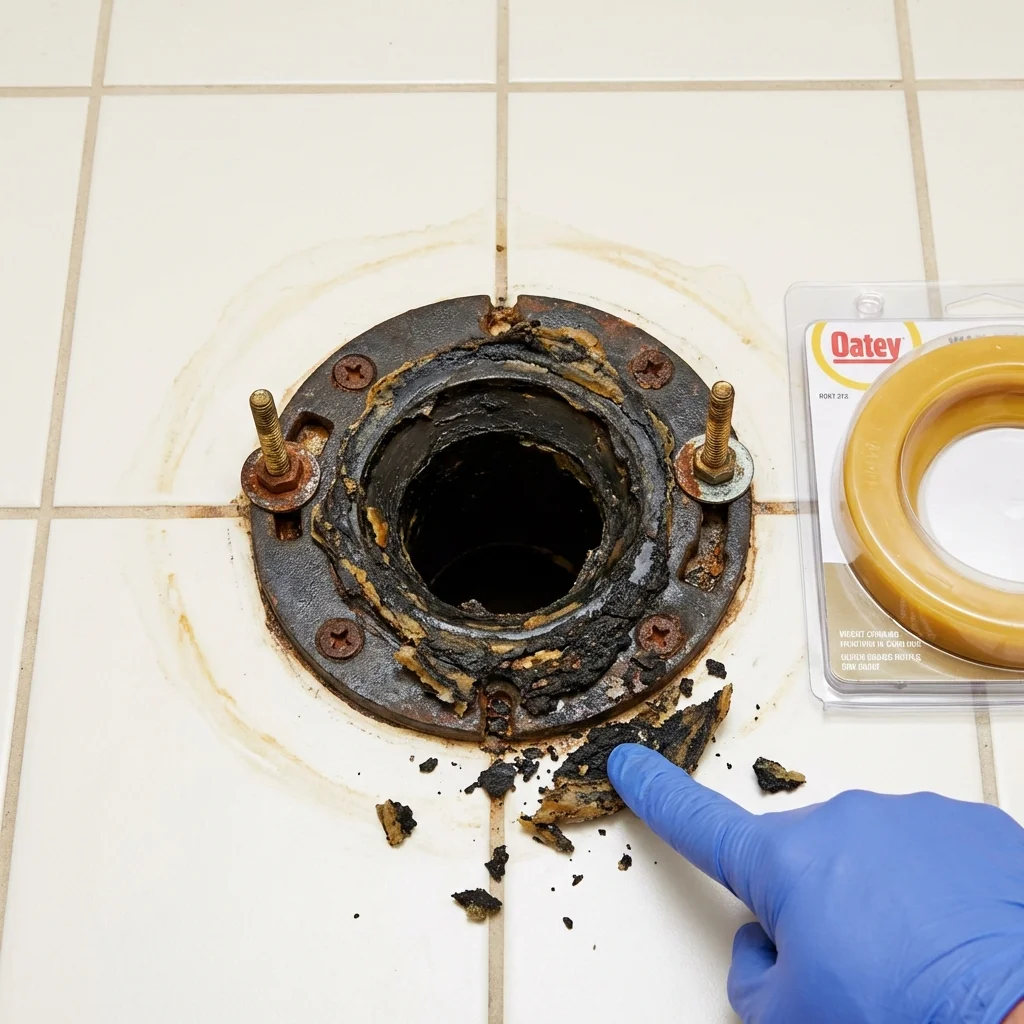 Failed wax ring showing water seepage at the base of a toilet in a Emmetsburg, IA home