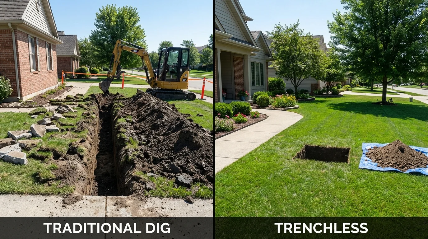 Trenchless sewer repair with minimal yard damage versus traditional excavation in Emmetsburg, IA